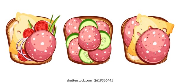 Sandwiches with sausage, cheese, tomatoes, cucumbers, onions. Top view. Vector illustration on a white background.