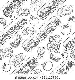 Sandwiches seamless pattern in white background. Good for texture for fast food, textile, wrapping paper, package, restaurant or cafe, menu, banners, wallpaper, etc