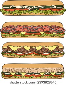 Sándwiches coloridos. Bien para objetos de comida rápida, textil, papel de envoltura, paquete, restaurante o café, menú, banners, papel tapiz, etc