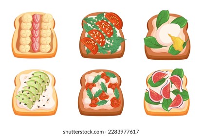 Sandwiches Set Features Different Fillings such as Tomatoes with Mozzarella and Greenery, Strawberry with Banana, Eggs, Figs, Avocado and Creamy Cheese on Crunchy Toasts. Cartoon Vector Illustration