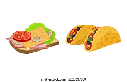Sandwiches set. Mexican taco and wheaten bread with various ingredients vector illustration