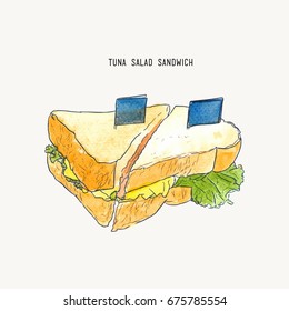 Sandwiches set water color vector drawing, tuna salad sandwich sketch vector.