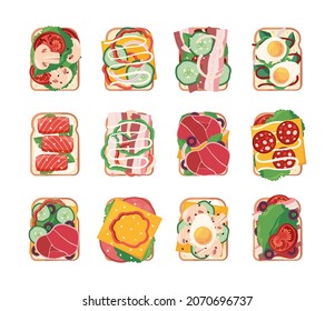 Sandwiches snack. Bread slices fresh toasts with healthy natural vegetables and sauce tomato cheese fish olive salad garish vector products collection