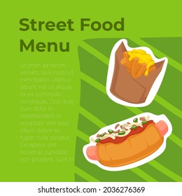 Sandwiches and snacks, street food menu. Filling hot dog bun with sausages and ketchup. Grilled potatoes in package. Advertisement or poster of cafe or bistro. Vector in flat style illustration