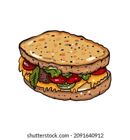 Sandwiches From Toasts And Cheese. Tomato, Cheese, Meat And Shredded Lettuce. Colorful Cartoon Vector Illustration. Isolated On White Background.