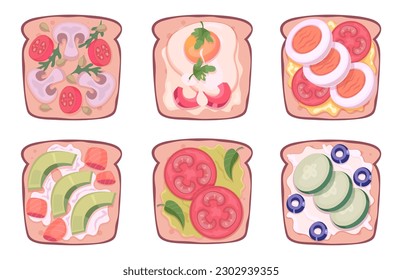 Sandwiches top view. Helthy breakfast products snack with fruits meal exact vector lunch food