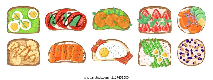 Sandwiches top view. Various product combinations on bread slices, eggs, bacon and vegetables, different toppings toasts. Breakfast snacks sweet and salty, healthy food, vector set