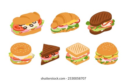 Sandwiches avec divers ingrédients. Illustration d'Image vectorielle de sous-marin, sandwich, bagel, pain grillé et hamburger avec de la viande, du fromage et des légumes.