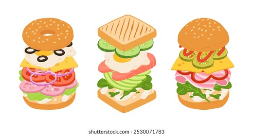 Sándwiches con varios ingredientes. Vector ilustración de dibujos animados de sándwich, bagel, hamburguesa con carne, pescado, aguacate, huevo, queso y verduras.