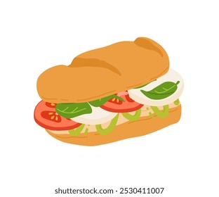 Sanduíches com vários ingredientes. Ilustração de desenho animado vetorial de sanduíche de caprese, bagel, hambúrguer com carne, peixe, abacate, ovo, queijo e legumes.