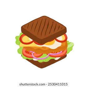 Sandwiches with Various Ingredients. Vector cartoon illustration of chicken sandwich, bagel, burger with meat, fish, avocado, egg, cheese and vegetables.