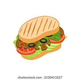 Sandwiches with Various Ingredients. Vector cartoon illustration of vegan mushroom sandwich, bagel, burger with meat, fish, avocado, egg, cheese and vegetables.