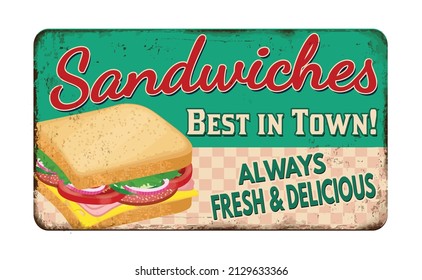 Sandwiches vintage rusty metal sign on a white background, vector illustration