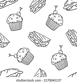 Sandwiches,cupcakes seamless pattern. Hand drawn line vector illustration.