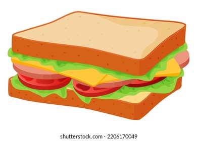 Sandwich.Sandwich with sausage, cheese salad and tomatoes.Vector illustration isolated on a white background.