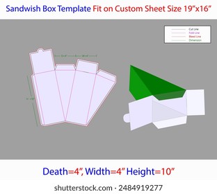 Sandwish Box 4x4x10 inch Dieline Template. Editable Vector File