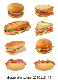 Sandwitch. Helthy natural meal and vegetables in delicious bun decent vector realistic picture of burgers and sandwiches