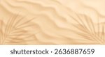 Sandy background, top view. Abstract background with soft sand texture. Palm leaf shadows create tropical feel. Warm beige tones enhance soothing ambiance. Great for digital design uses.