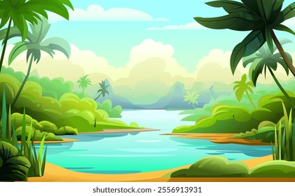 Sandy bank in river. Jungle forest. Palm trees and tropical plants. Southern thicket. Nature view. Beautiful funny cartoon style. Fun scenario. Vector