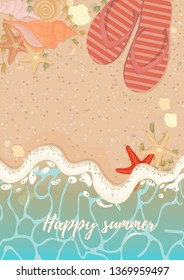 Sandy beach with azure foam wave of starfish shells and algae Slippers on the beach. Background with sandy beach azure foam wave for summer design. Vector illustration.