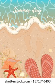 Sandy beach with azure foam wave. Summer background with traces in the sand of starfish shells Slippers and algae on the beach. Creative banner design-Vector illustration.