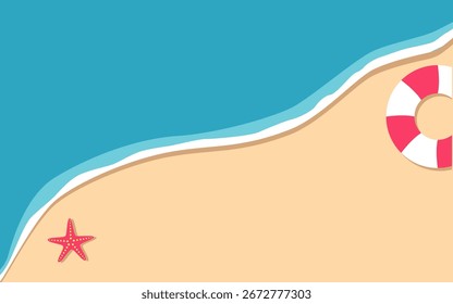 Fondo de playa de arena con mar, círculo de natación, estrellas de mar. Tarjeta Abstractas de la hora de verano. Paisaje tropical de la costa. Cartel de fiesta de verano, diseño de Anuncio. Vector plano.