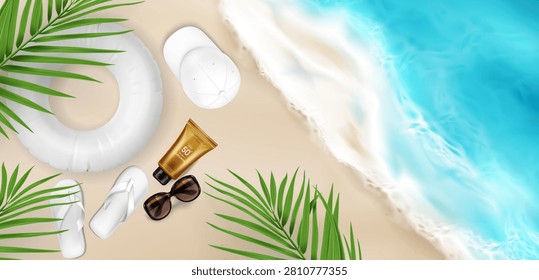 Sandy beach background with sea waves and palm leaves, vector background, top view. Summer sale banner design with realistic texture, sunglasses, spf cream, white inflatable ring and flip flops