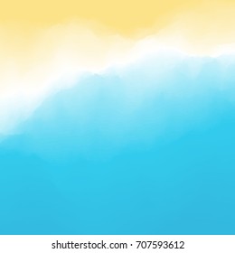 Sandy beach background. Sea waves with foam. Southern summer vacation travel. Vector illustration.