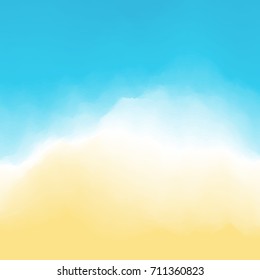 Sandy beach background. Sea waves with foam. Southern summer vacation travel. Vector illustration.