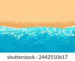 Sandy beach and blue ocean waves. Vector cartoon illustration of seashore.