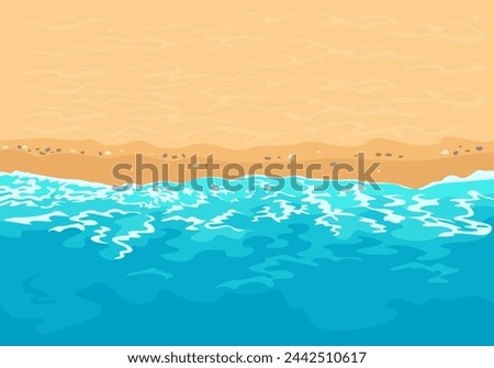Sandy beach and blue ocean waves. Vector cartoon illustration of seashore.