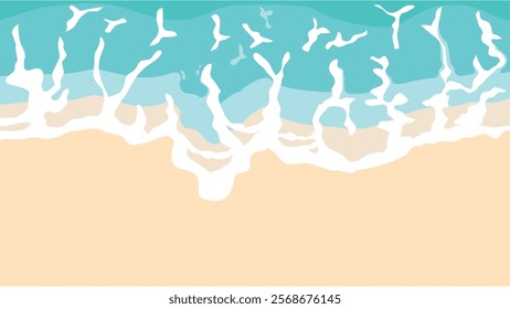 Sandy beach with blue sea ocean water and coast line clear summer sunny sky. Ocean waves reaching the coastline. Beach, sand, sea shore with foam waves. Top view overhead seaside. Vector illustration