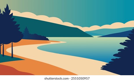 
praia arenosa delimitada por árvores, com água calma suavemente batendo no fundo plana vetor ilustração