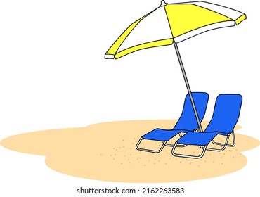 Sandy beach chairs and beach umbrellas