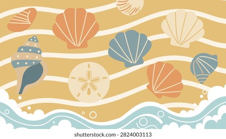Sandy beach coastline with varied seashells and starfish decorated on yellow sand under bright summer sun with rolling ocean surf.
