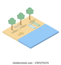 Sandy beach concept with sand castles. Location for a computer game. Summer vacation landscape. Style is isometric. Vector isolated illustration.
