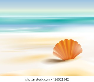 Sandy beach cost on a background of the ocean or sea. On a Sunny summer day, the beach season and sea shell. Vector illustration.