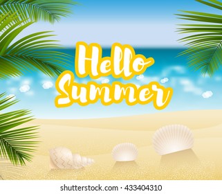 Sandy beach cost summer background ocean or sea. Sunny summer day, palms beach season and sea shell. Summer vector illustration. Relax on tropical palm beach. Blurred bokeh background.