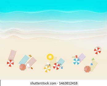 Sandy beach with different accessories. Top view