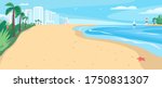Sandy beach flat color vector illustration. Tropical sea resort. Coastline with skyscrapers and palm trees. Exotic seashore 2D cartoon landscape with modern city buildings on background
