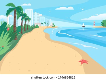 Sandy beach flat color vector illustration. Coastline with skyscrapers and tropical palms. Exotic summer seafront 2D cartoon landscape with modern city buildings on background