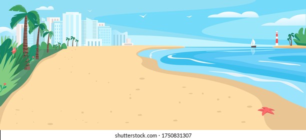 Sandy beach flat color vector illustration. Tropical sea resort. Coastline with skyscrapers and palm trees. Exotic seashore 2D cartoon landscape with modern city buildings on background