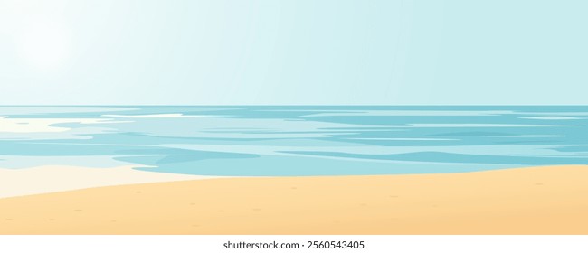 Sandy beach. Landscape of paradise sandy beach and beautiful ocean. Vector illustration of a tropical island beach. Panoramic sea shore for background and design.