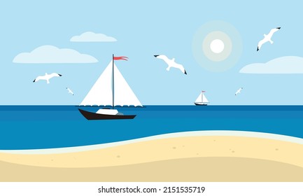 El paisaje de la playa de arena. Paisaje veraniego de la costa desértica con gaviotas en un cielo nublado y veleros en el horizonte. Ilustración vectorial plana