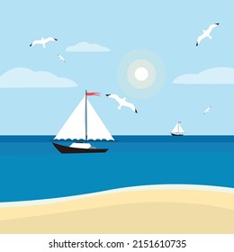 El paisaje de la playa de arena. Paisaje veraniego de la costa desértica con gaviotas en un cielo nublado y veleros en el horizonte. Ilustración vectorial plana