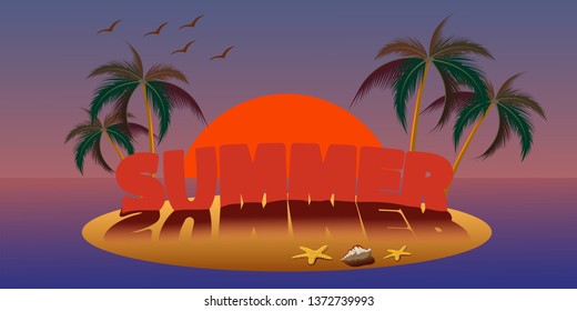 Sandy beach landscape. Tropical sea shore background. Summer vacation at sea. The long-awaited journey. Vector illustration.