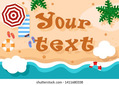 Sandy beach near the sea, summer vacation top view. Place for text