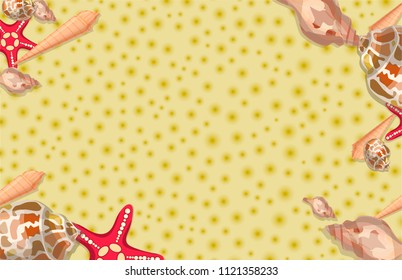 Sandy beach, the ocean coast of the sea, seashells, starfish. Tropical travel, summer holidays, tourism. Background pattern. Colorful hand drawn vector stock illustration.