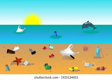 Sandy beach, ocean and debris. Pollution of ocean and environment. Stop plastic. Dolphin among trash. flat vector illustration