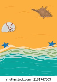 Sandy beach on border with sea full of seashells and starfish vector illustration
